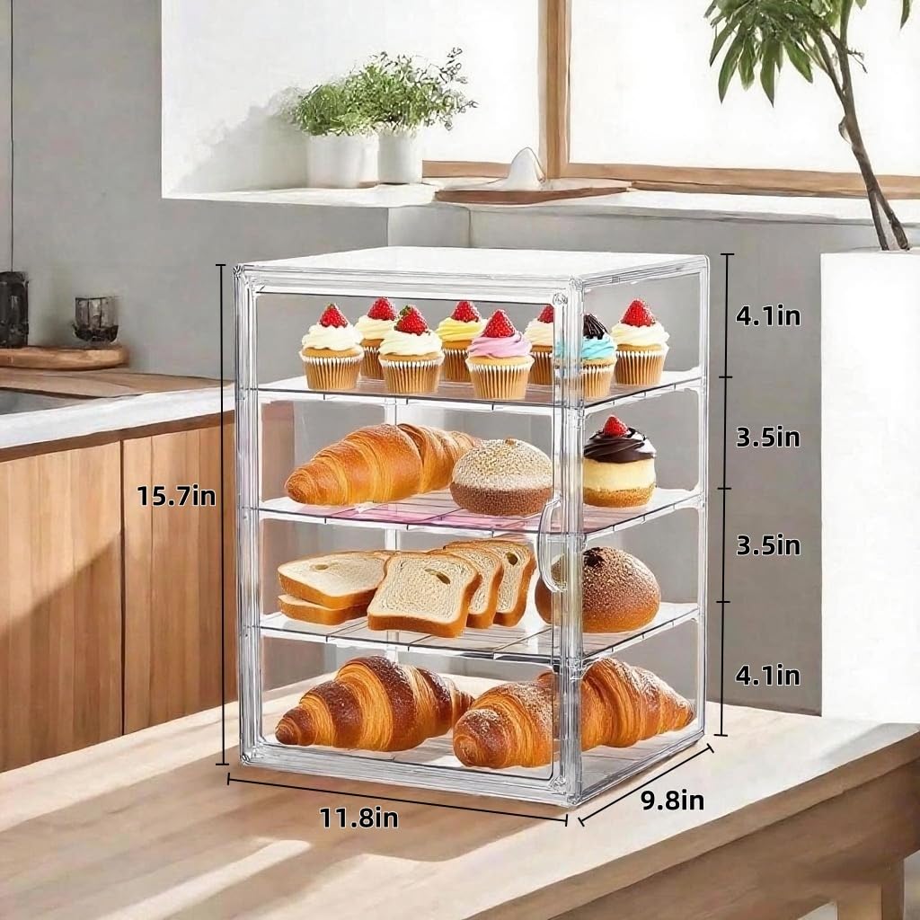 Pastry Display Case Large Clear Bread Box for Kitchen Countertop 4 Layers Adjustable Bread Storage with Magnetic Door