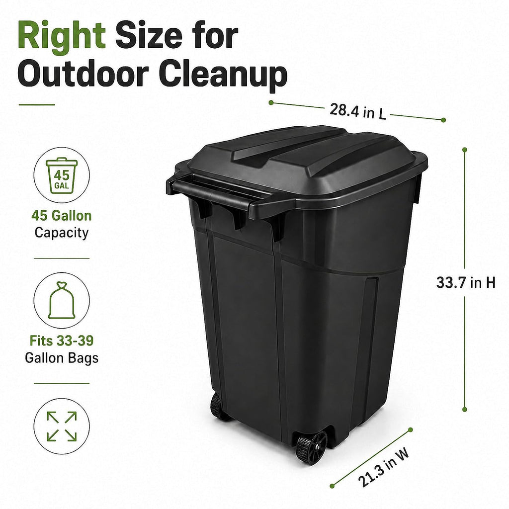 45 Gallon Wheeled Outdoor Trash Can Heavy Duty Garbage Bin with Lid | Secure snap lock lid and rugged wheels for