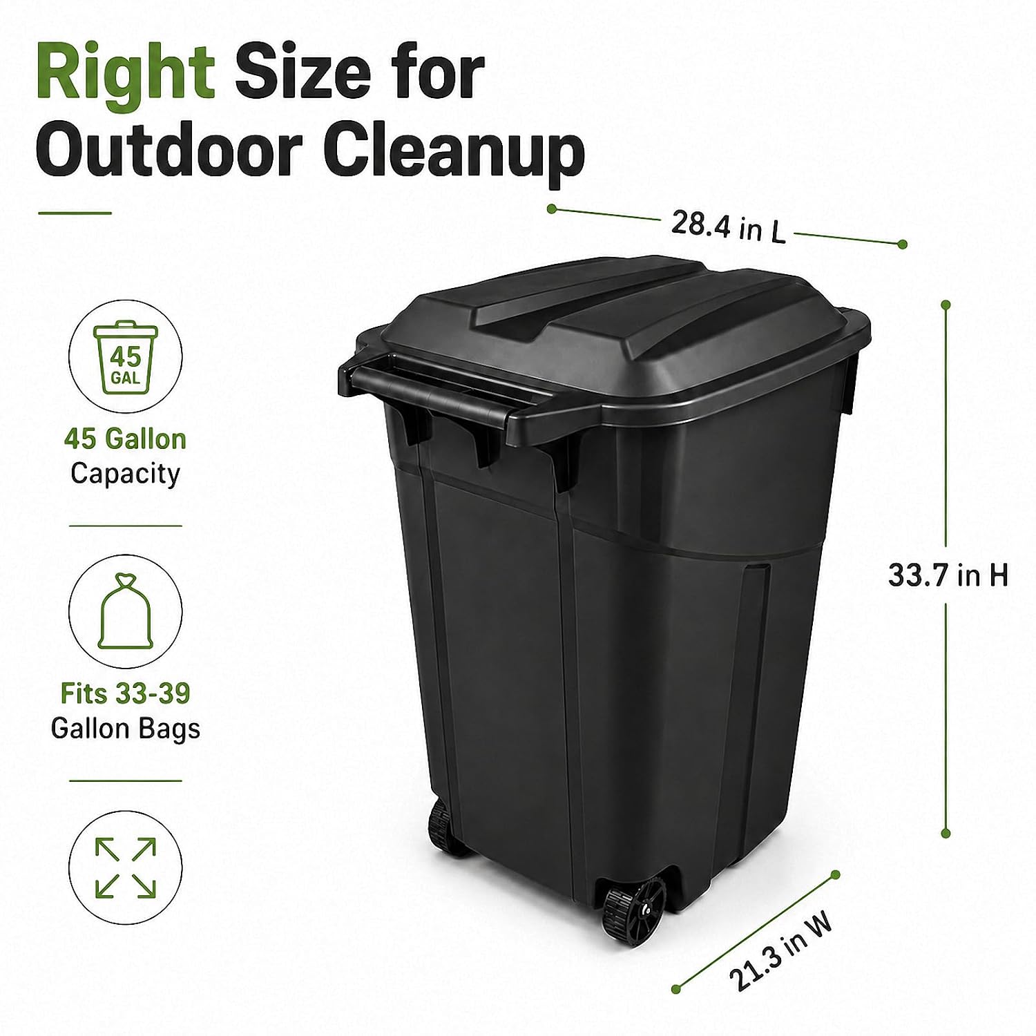 45 Gallon Wheeled Outdoor Trash Can Heavy Duty Garbage Bin with Lid | Secure snap lock lid and rugged wheels for