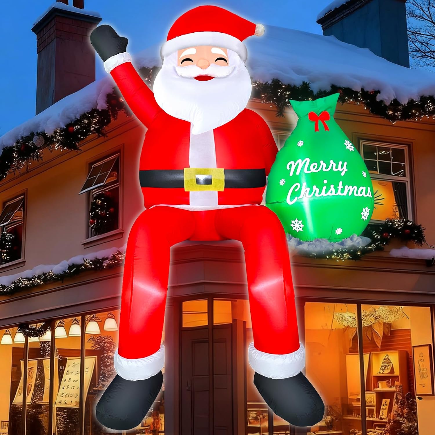 8FT Santa Claus Sitting on The Roof Christmas Inflatable Decoration with Gift Bag & Built-in LEDs, Giant Blow Up