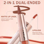 Lip Liner & Gloss Lipstick Combo - 2 in 1 Dual-Ended Lip Combo Set, Nude Brown Velvet Matte Lip Liner & Buildable