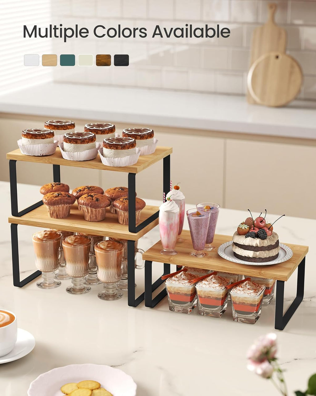 SONGMICS Cabinet Organizer Shelf, Set of 3 Kitchen Counter Shelves, Kitchen Storage, Spice Rack, Stackable