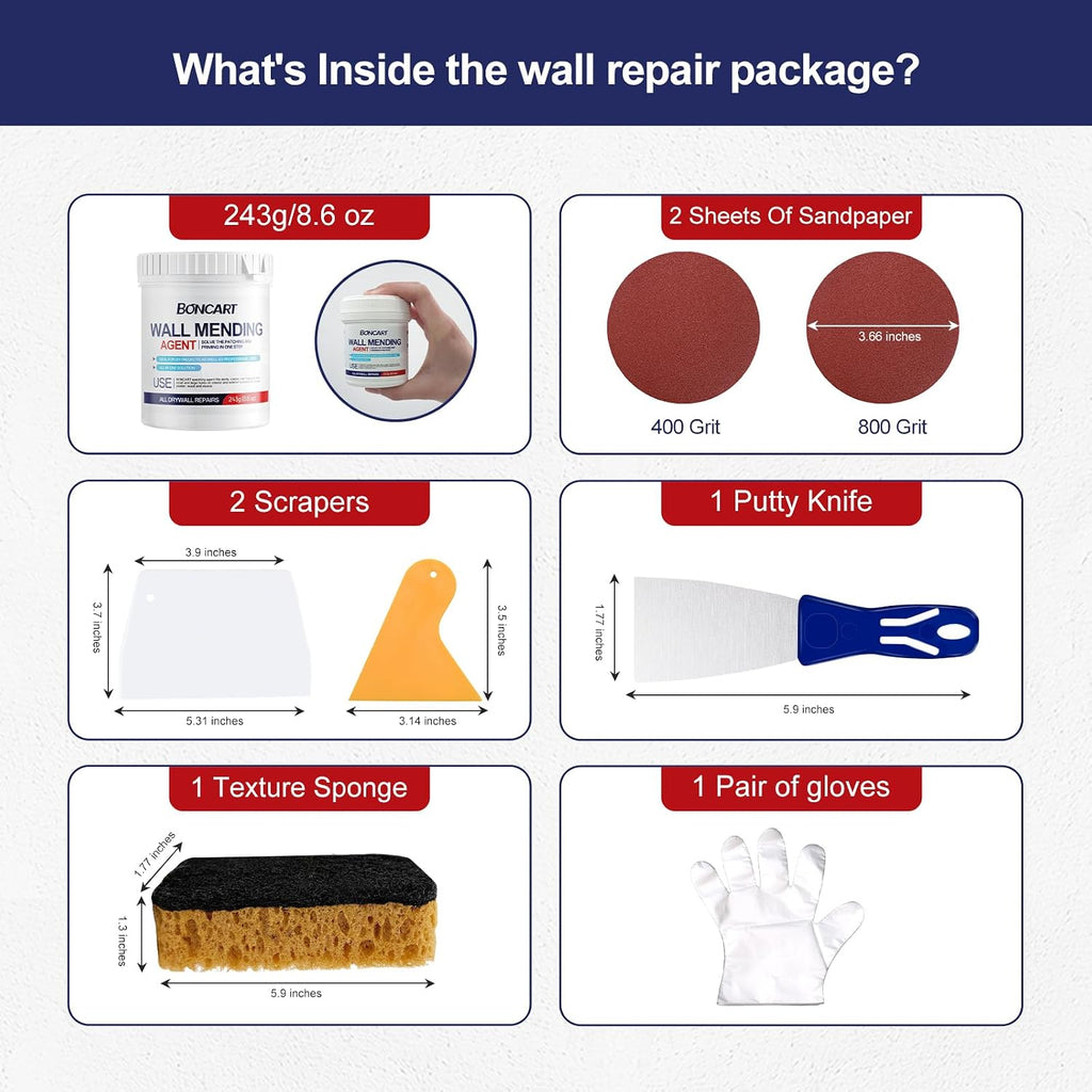 8.6Oz Drywall Patch Repair Kit – Professional All-in-1 Tool Set | Includes Scrapers, Putty Knife, Texture Sponge