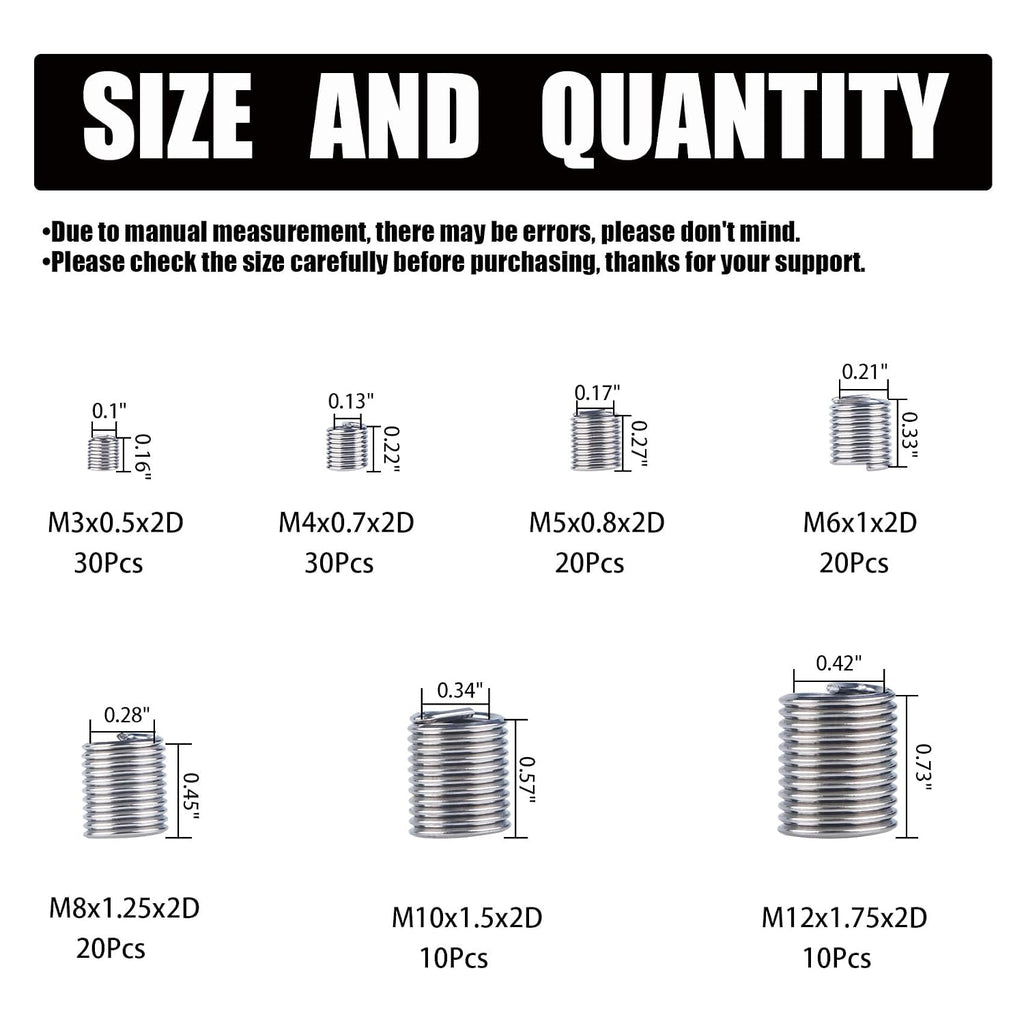 Metric Thread Repair Inserts, 140-Pcs 304 Stainless Steel, M3-M12