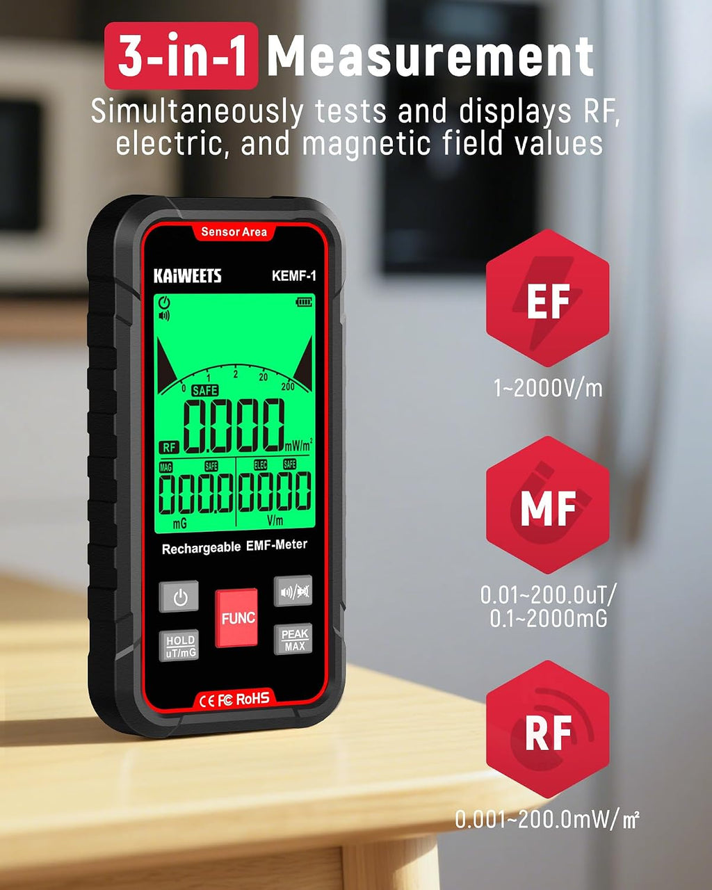 KAIWEETS Smart Multimeter Rechargeable and KAIWEETS EMF Detector, 3-in-1 Handheld EMF Meter