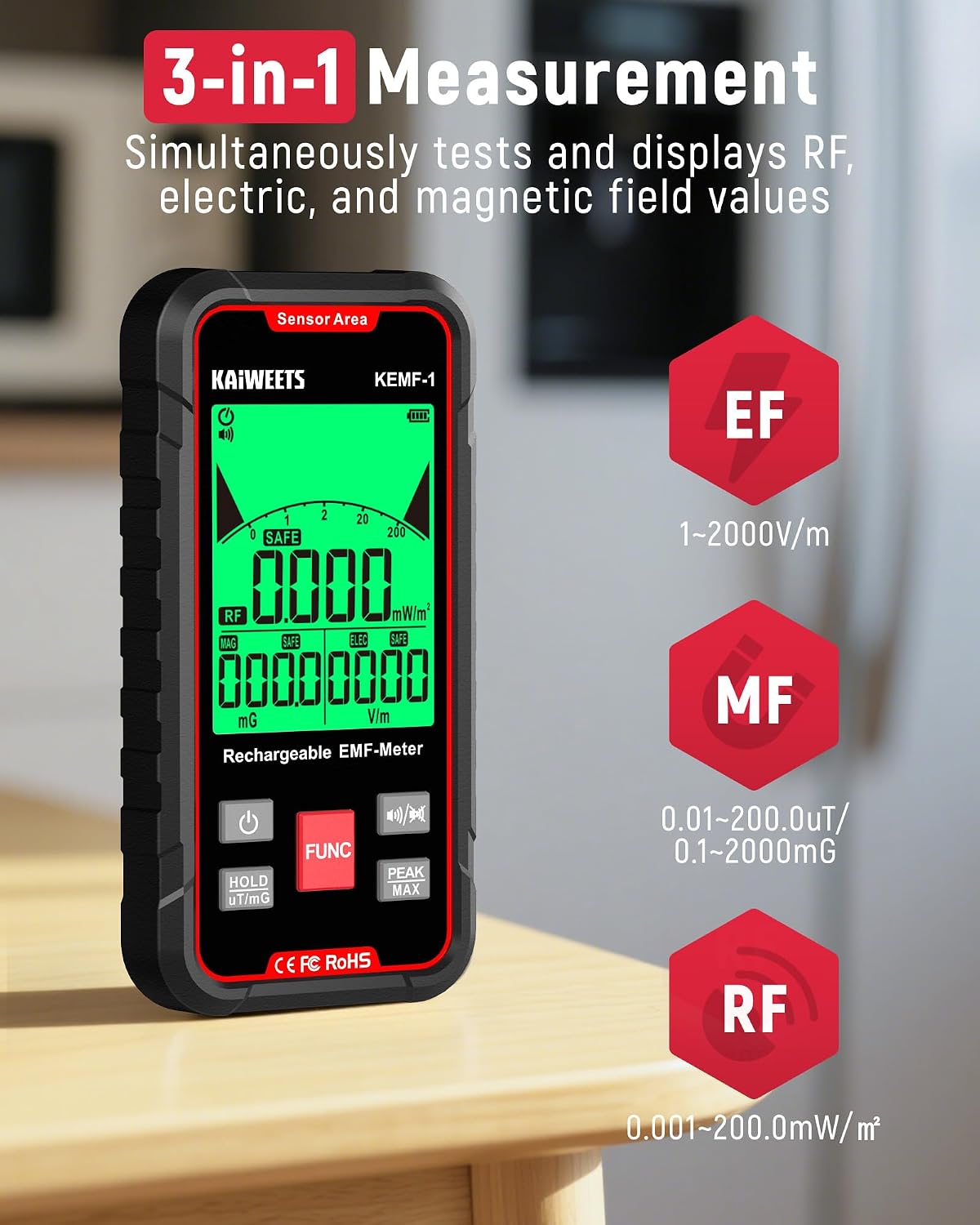 KAIWEETS Smart Multimeter Rechargeable and KAIWEETS EMF Detector, 3-in-1 Handheld EMF Meter