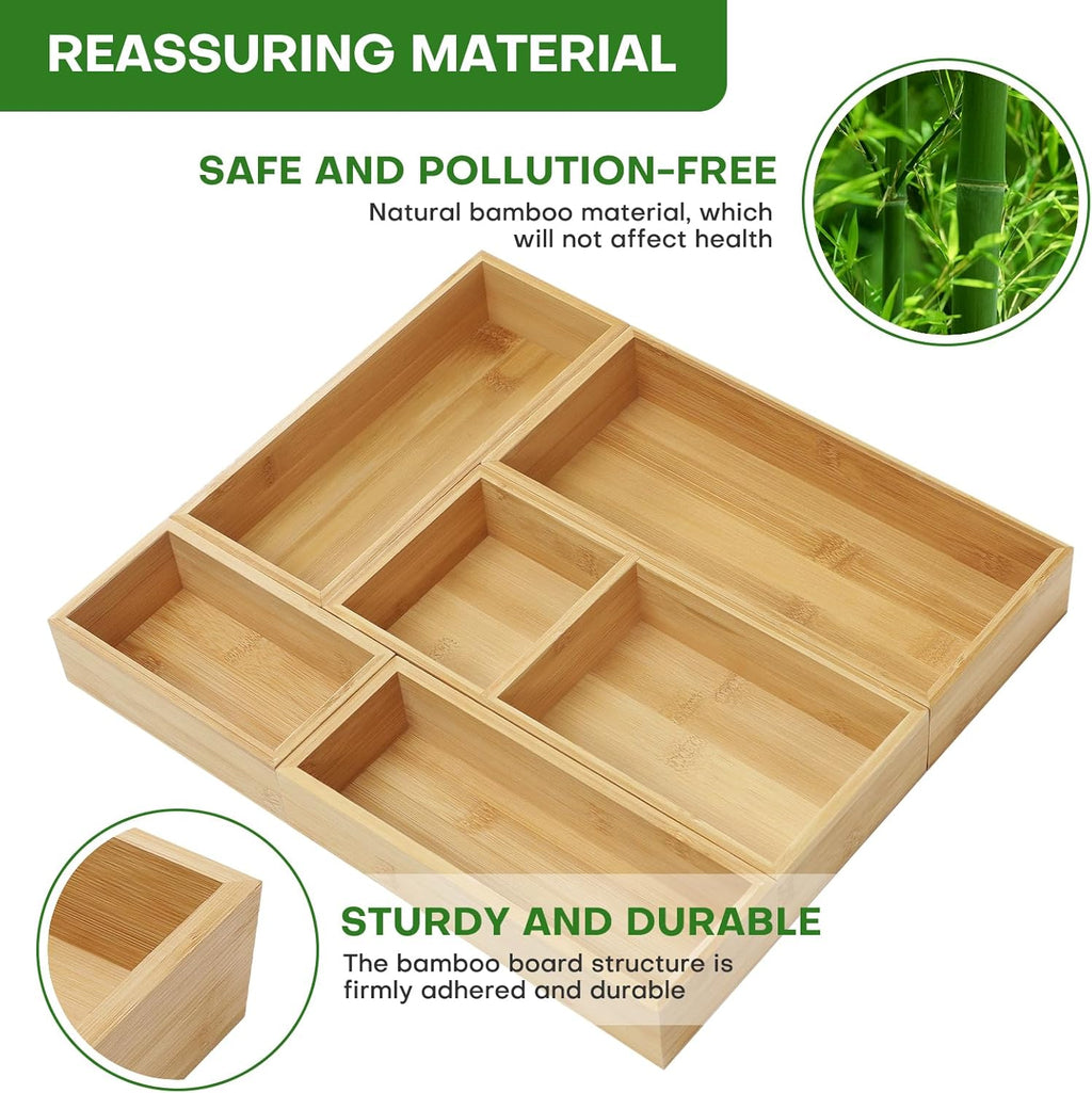 Bamboo Drawer Organizer Set, 5 PCS Multi-Use Individual Wood Storage Organizers, Junk Drawer Divider and Storage
