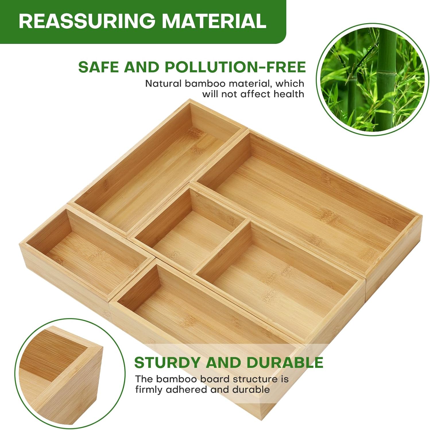 Bamboo Drawer Organizer Set, 5 PCS Multi-Use Individual Wood Storage Organizers, Junk Drawer Divider and Storage