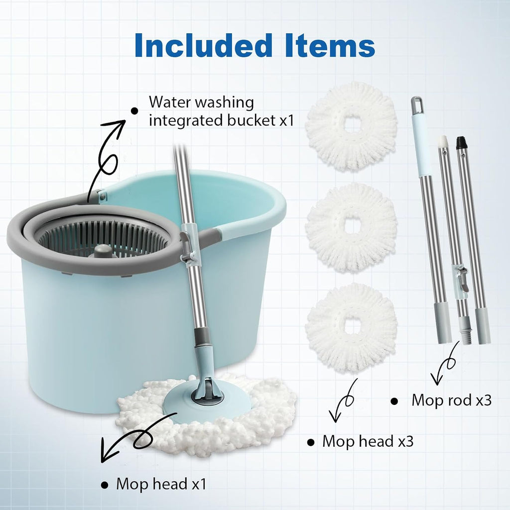Spin Mop and Bucket, Mop and Bucket with Wringer Set for Home, 360 Spinning Mop Bucket Floor Cleaning Tool with 3