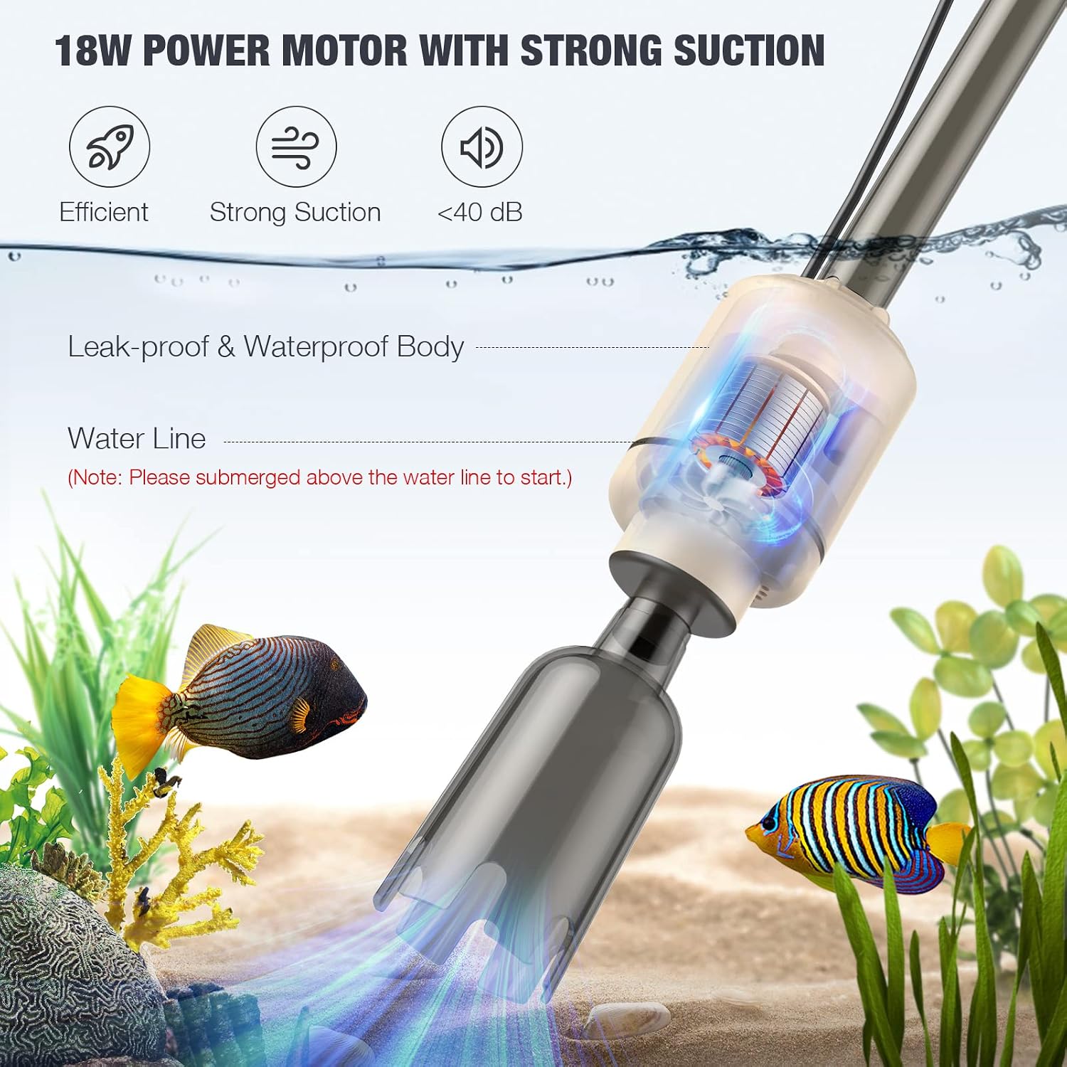 Aquarium Vacuum Gravel Cleaner: 18W Gravel Vacuum for Fish Tank with Strong Suction for Automatic Change Water