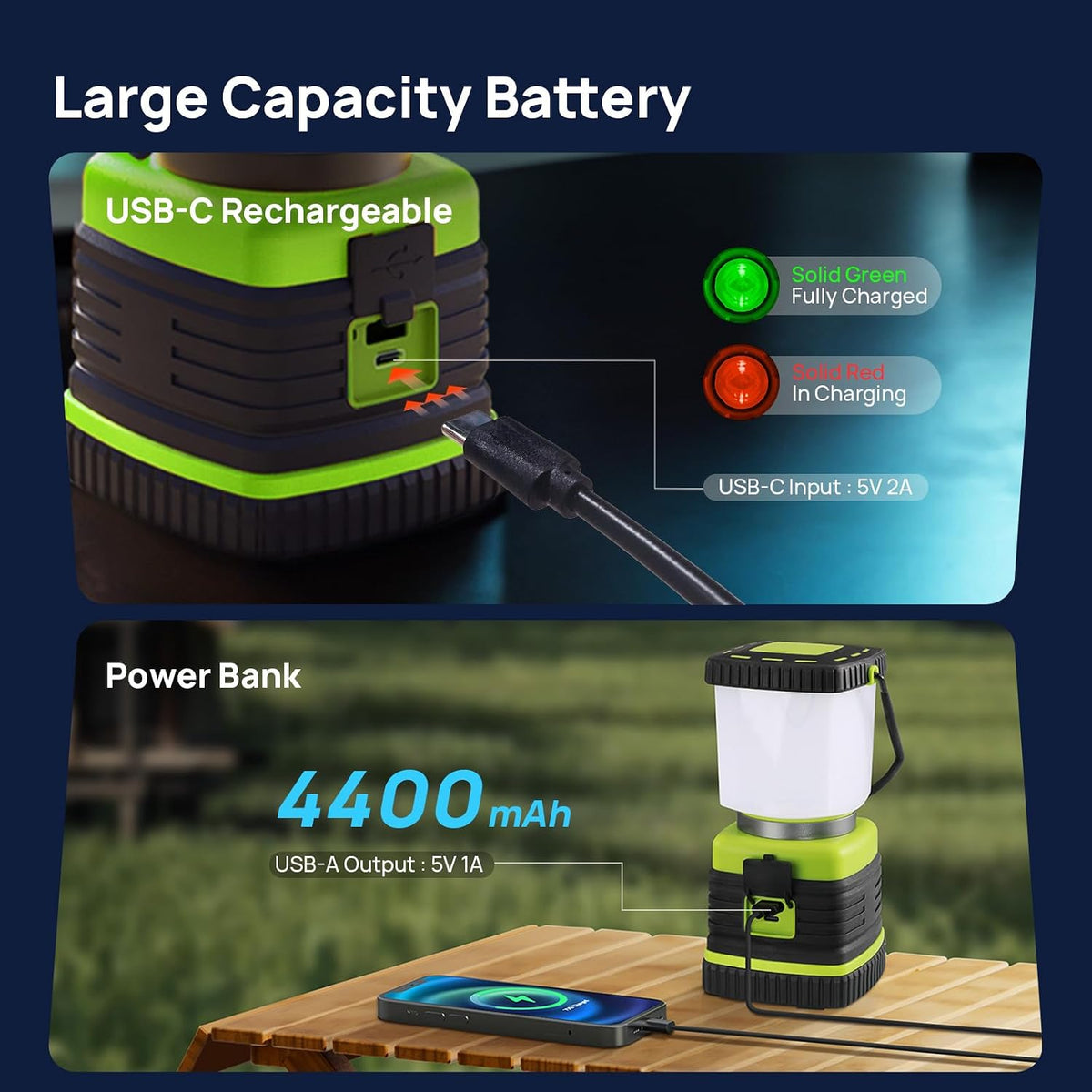 1000LM LED Camping Lantern Rechargeable, 4 Light Modes, Dimmable | 4400mAh Portable Battery Pack, IPX4 Waterproof