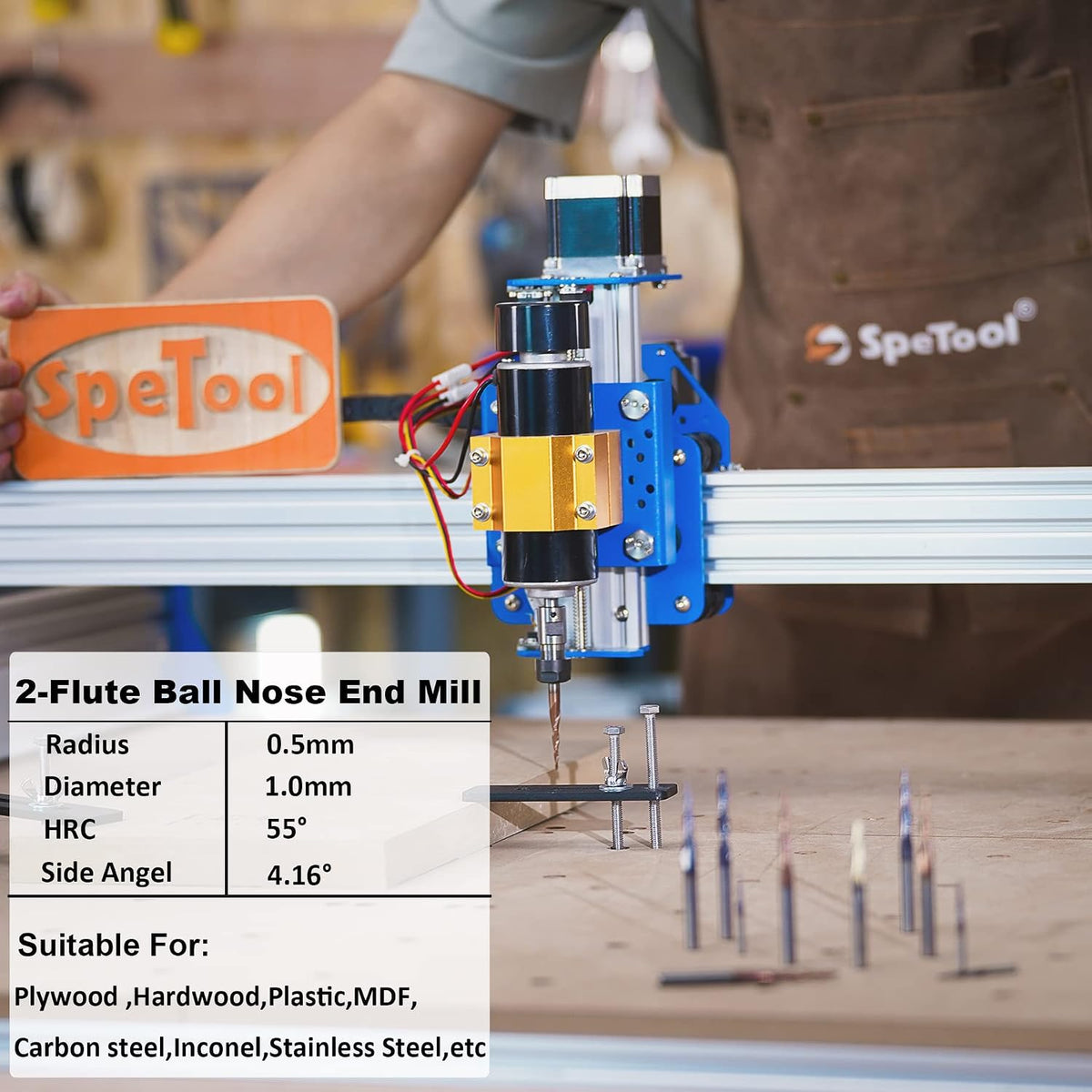SpeTool 5Pc/Pack Tapered Cone 1/8 End Mills 0.5MM Cutting Radius(1.0mm Diameter) 3D Wood Engrave CNC Router Bits Tools