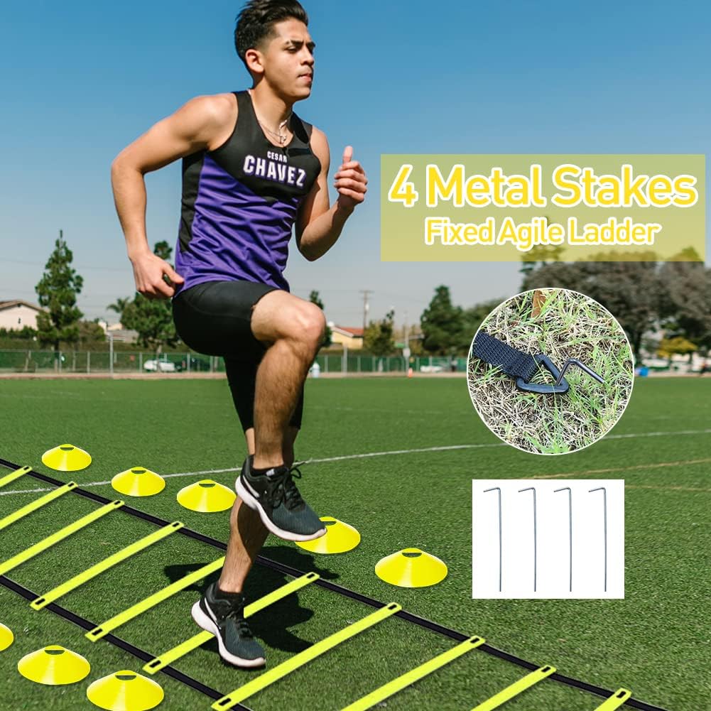Speed & Agility Ladder Training Equipment Set, Includes 12 Rung 20ft Agility Ladder, 4 Agility Hurdles,12 Disc Cones