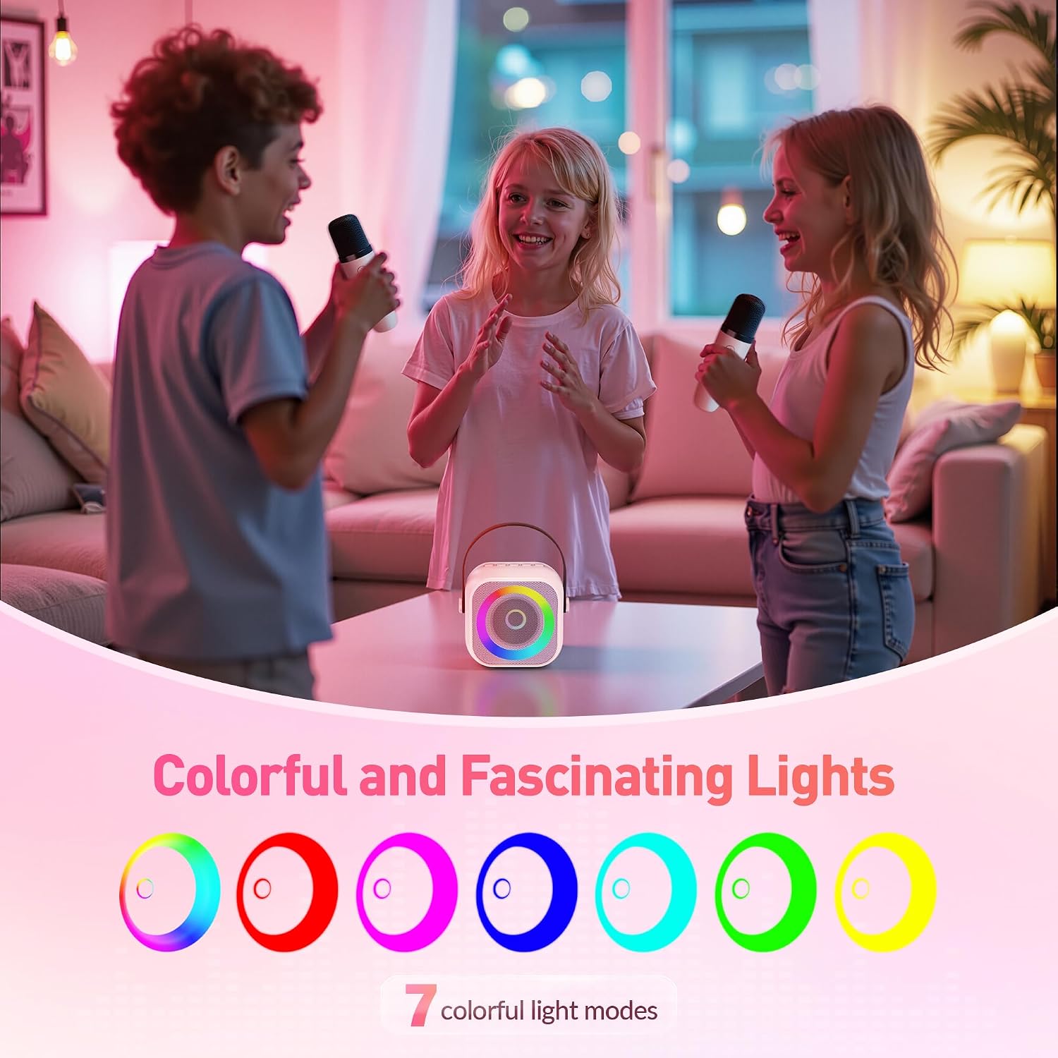 Mini Karaoke Machine,Portable Bluetooth Speaker with 2 Wireless Microphones | 360° Surround Sound,5 Voice