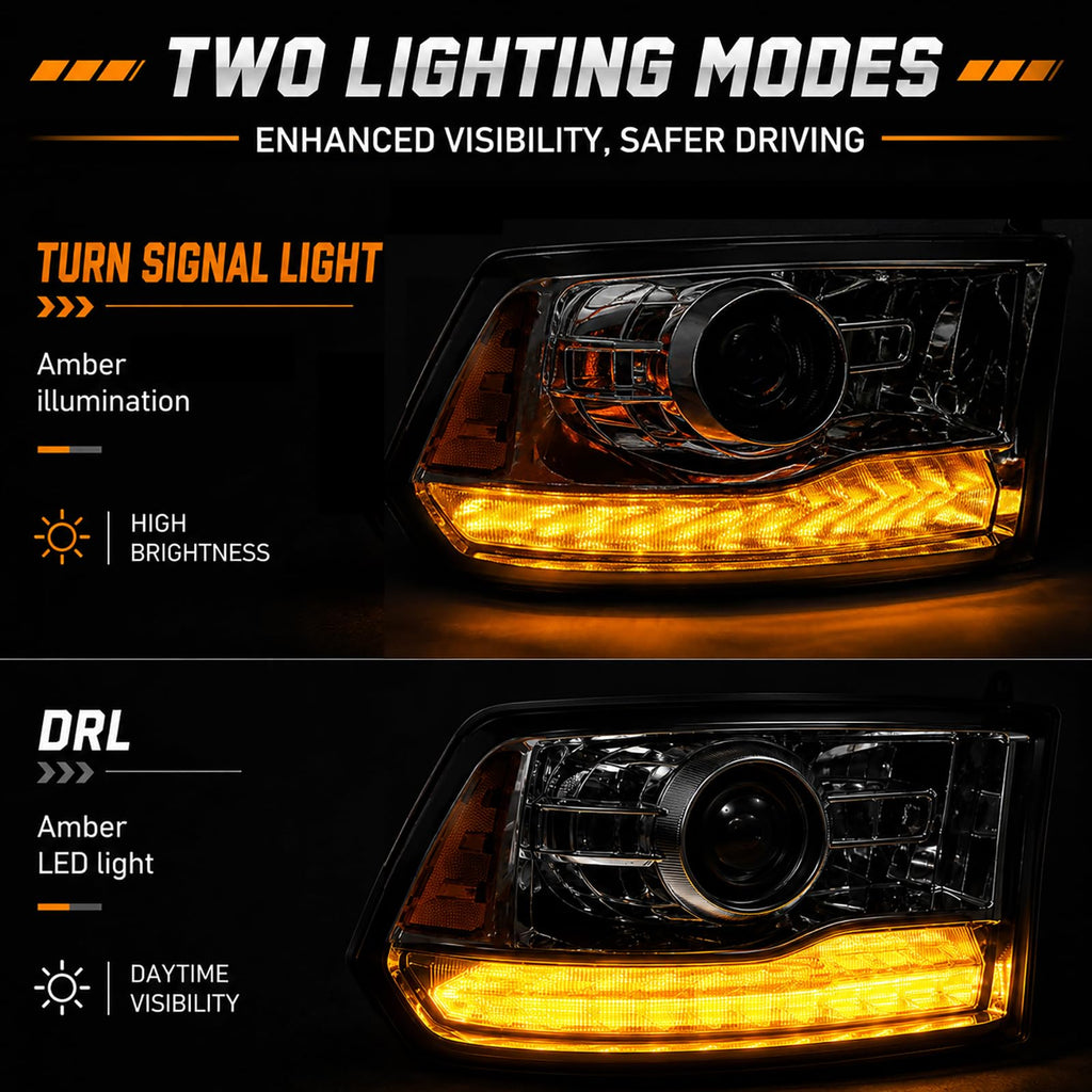 LED DRL Projector Headlights Assembly w/LED Bulbs For 2009-2018 Dodge Ram