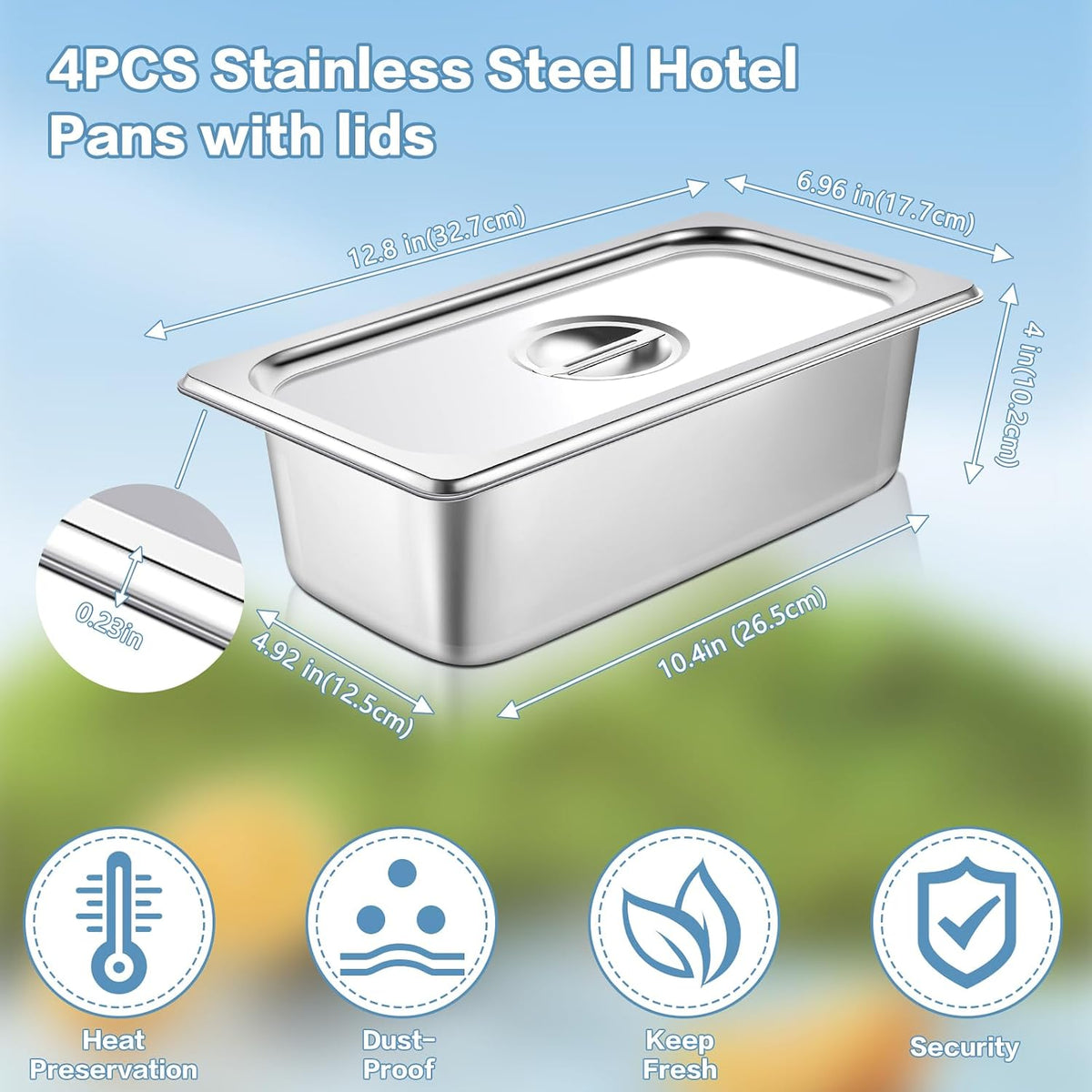 4 Packs Hotel Pans with Lids 1/3 Size x 4 Inch Deep Stainless Steel Steam Table Pan Commercial Gauge Restaurant