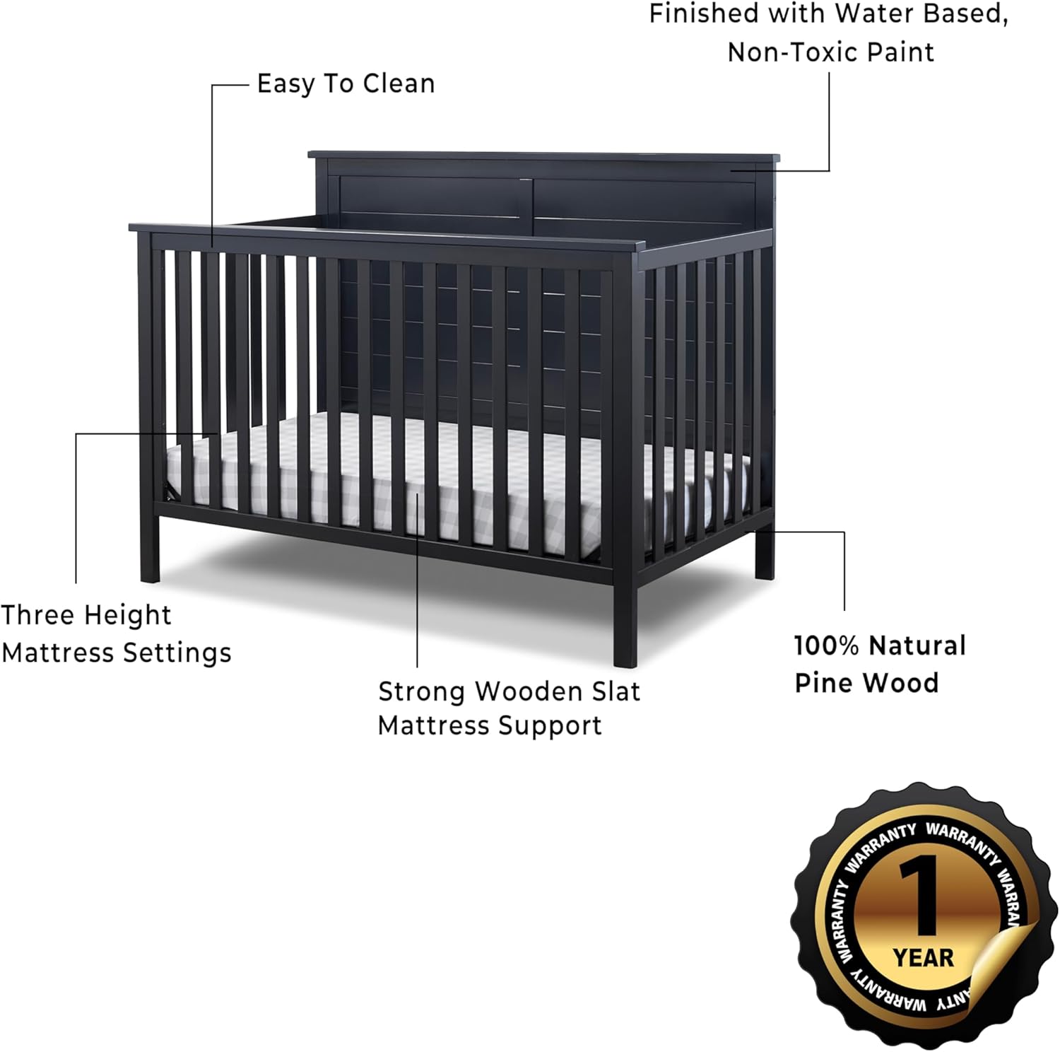 Furniture Ashley Crib, Classic 4-in-1 Convertible Pannel Crib, Baby Crib Made of Wood, Non-Toxic Finish, Wooden Baby