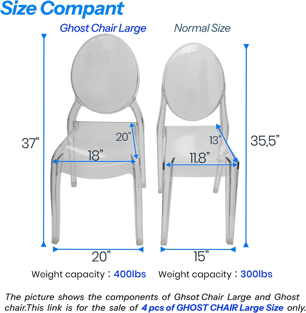 Large Acrylic Ghost Chairs Set of 4, 20 Inch Seat, Smoke Grey