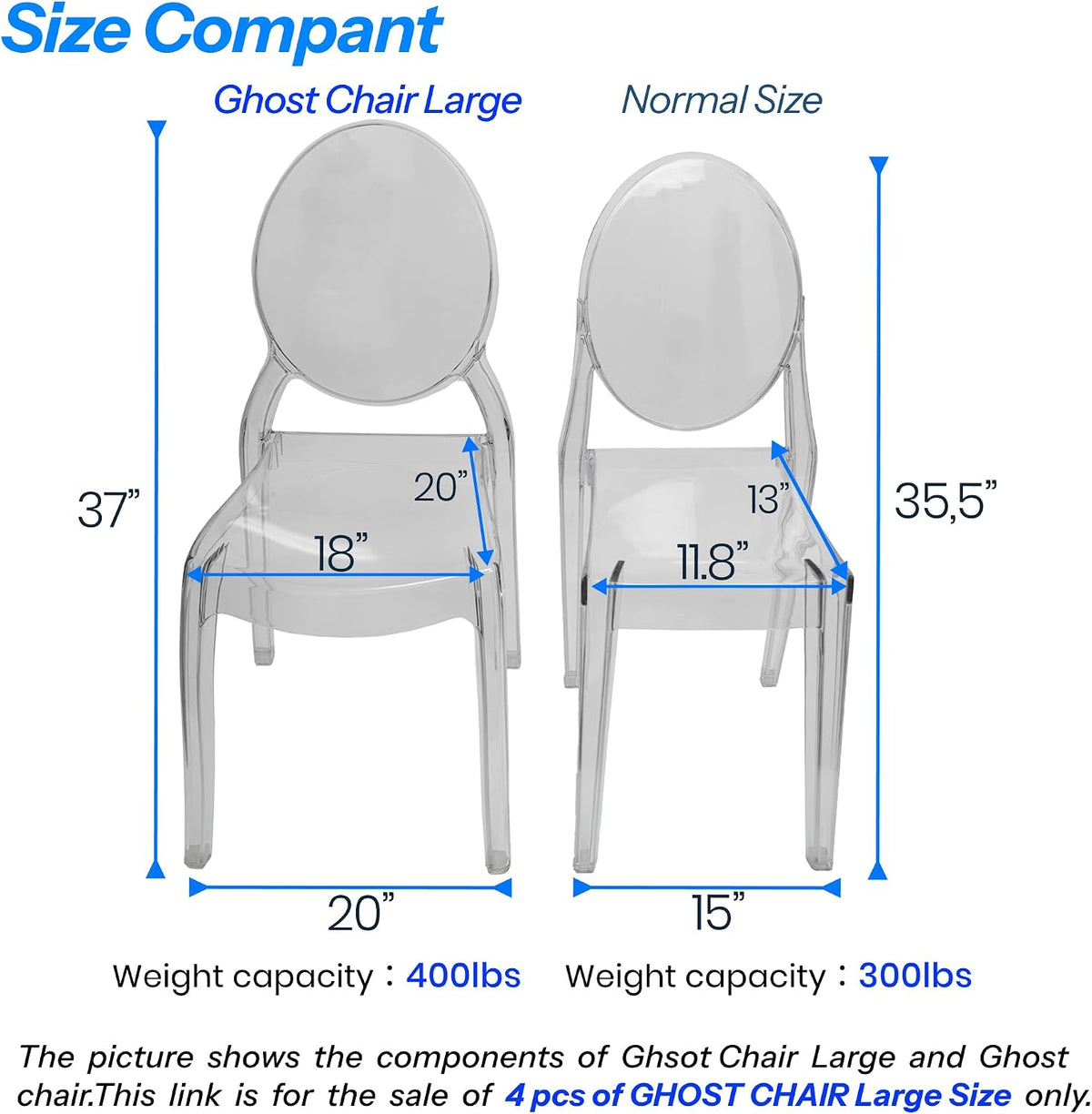 Large Acrylic Ghost Chairs Set of 4, 20 Inch Seat, Smoke Grey