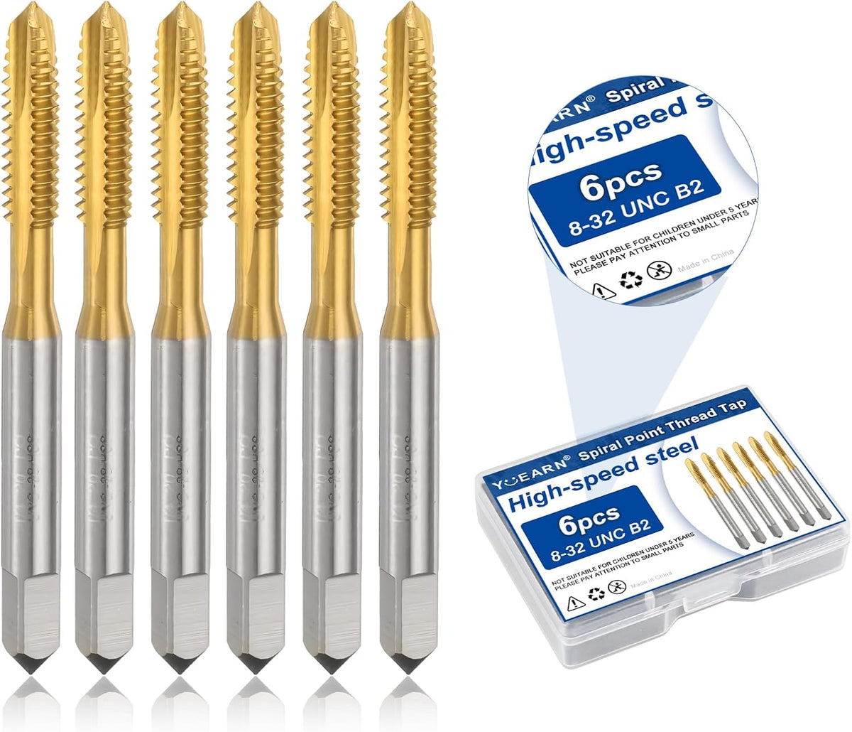 6Pcs 8-32 UNC B2 Spiral Point Thread Tap, Titanium Coated HSS 6542 Tapping Tool for Precision Threading in Metal and Hard Materials