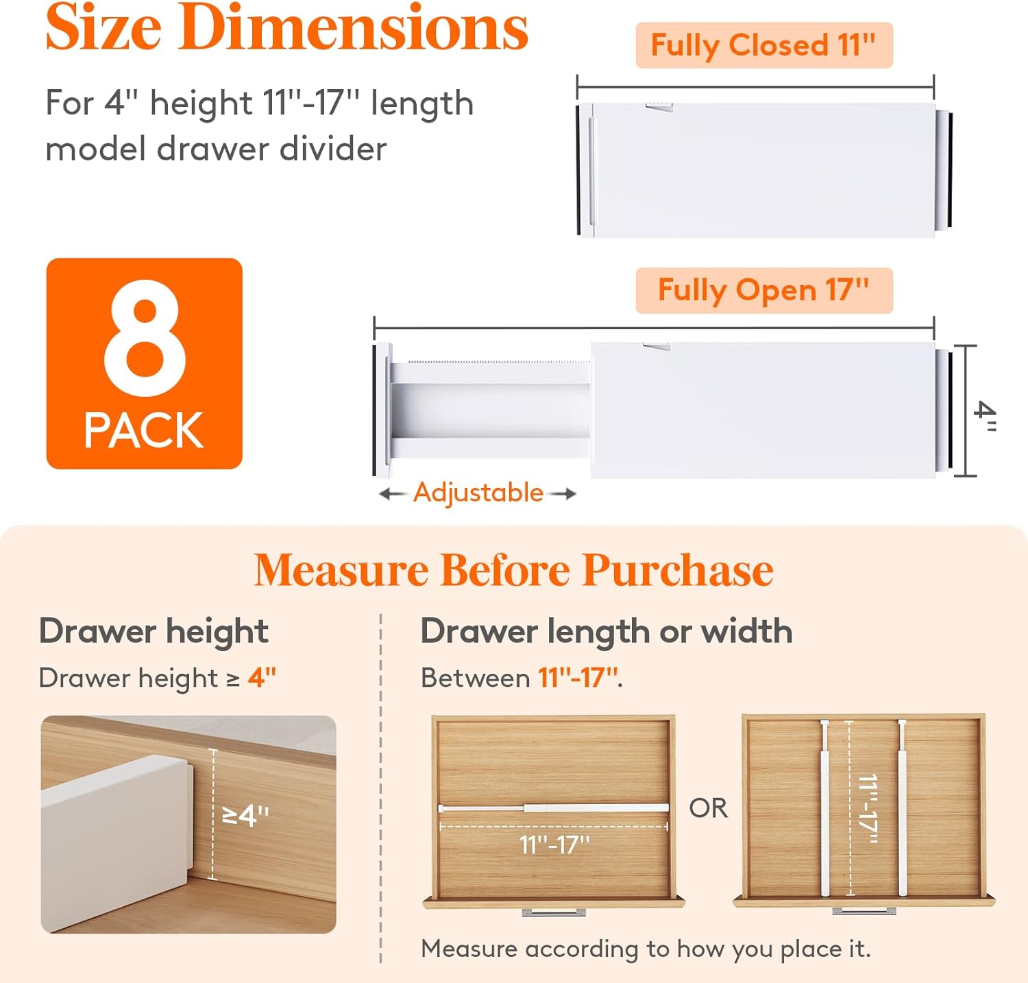 8 Pack Upgrade Drawer Dividers for Clothes, 4" High 11"-17" Adjustable Dresser Drawer Organizers, Expandable White