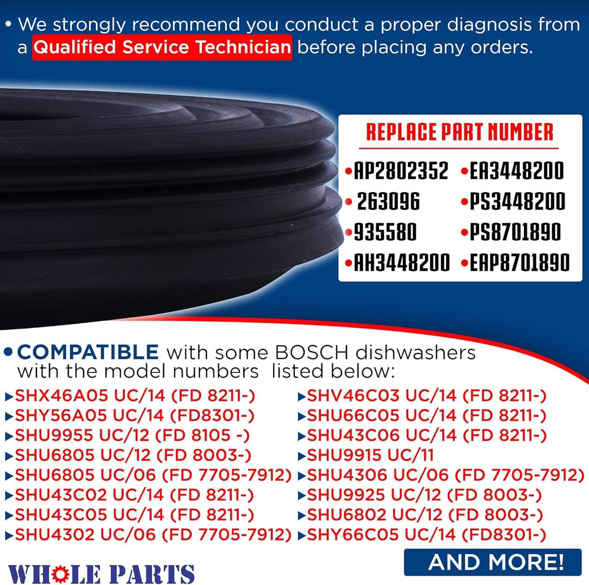 Whole Parts Dishwasher Door Gasket Part # 00263096 - Replacement & Compatible With Some Bosch Dishwashers - Replaces AP5315585, 811174 - Non-OEM Bosch Appliance Parts & Accessories - 2 Yr Warranty
