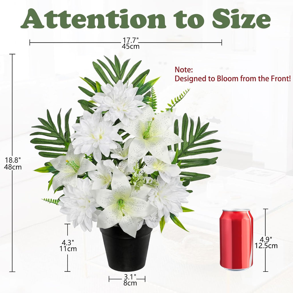 Artificial Cemetery Flowers in Pot Funeral Flowers Arrangements 18.8in Silk White Potted Lily Dahlia Memorial Flower