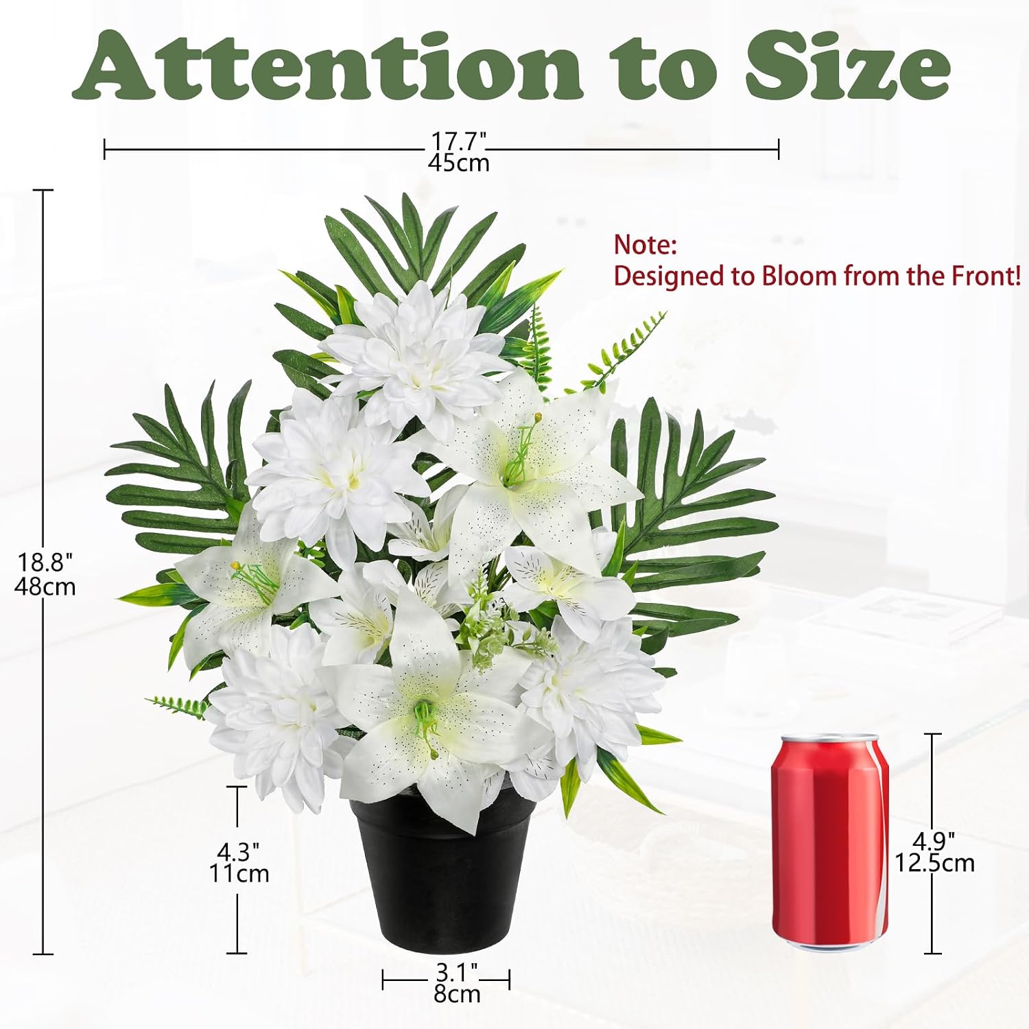 Artificial Cemetery Flowers in Pot Funeral Flowers Arrangements 18.8in Silk White Potted Lily Dahlia Memorial Flower