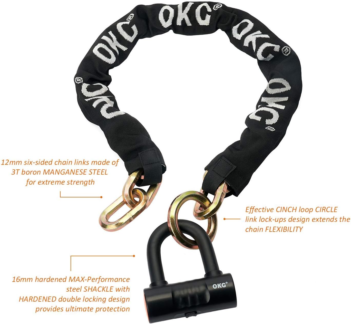 Heavy Duty Chain Lock - 4 Keys, 11lbs, 4 ft x 1/2 in (12mm) Thick Cinch Security Chain Combo 11/16" (18mm) Small U