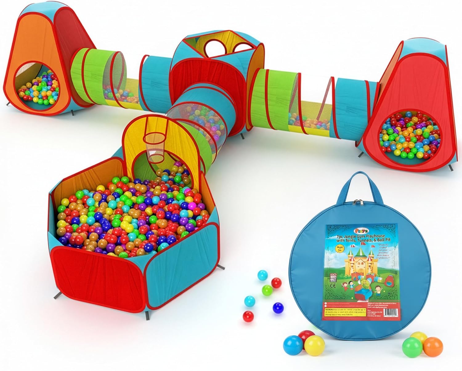 7pc Kids Play Tent with 1 Big Ball Pit for Babies, 3 Play Tunnel for Toddlers, and 3 Pop Up Tents Playhouse Bundle