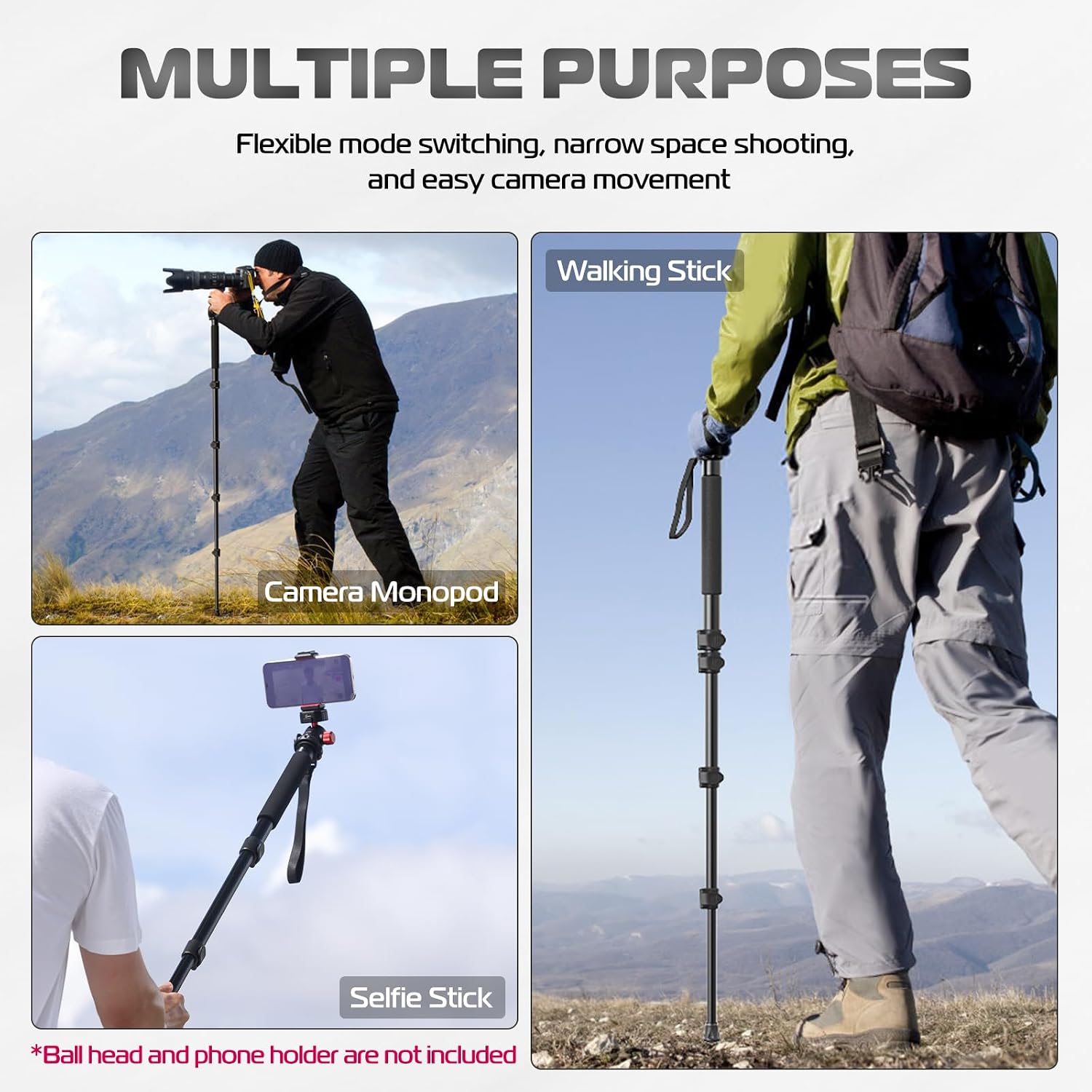 TB12 61-Inch Camera Monopod - Portable Tripod & Monopod Photography Stick with 5-Section Height, Aluminum Compact