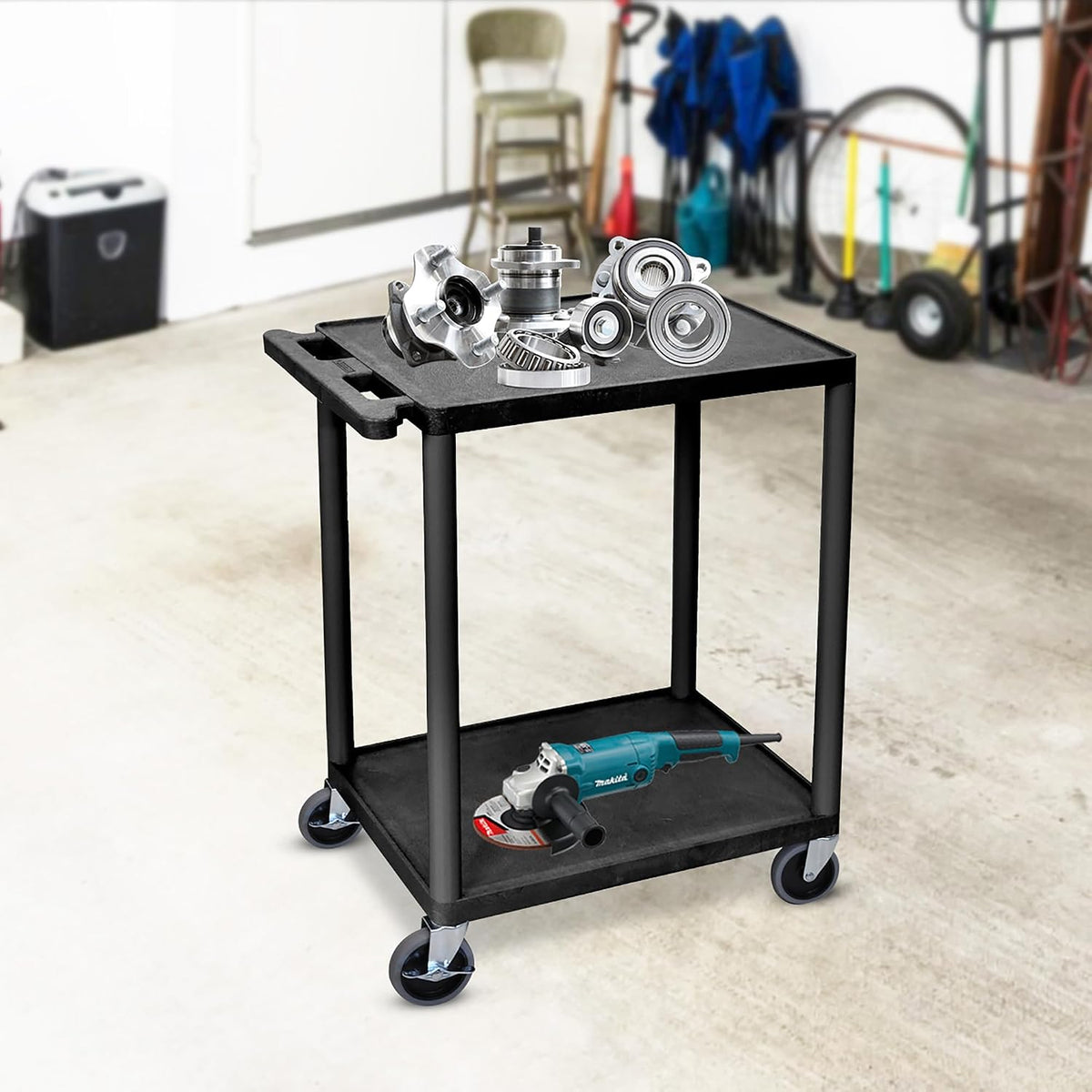 HE32-B Utility Cart - Two Shelves Structural Foam Plastic, Multipurpose Utility Cart, Four Heavy-Duty 4" Casters, Two