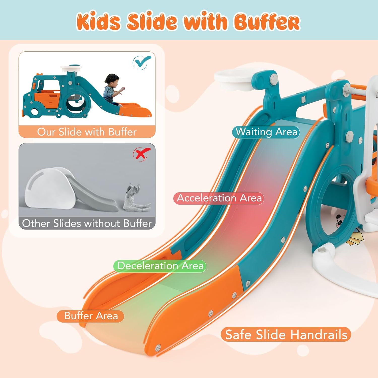 6 in 1 Toddler Slide and Swing Set, Mini Bus Indoor Outdoor Baby Swing with Basketball Hoop, Crawling Tunnel, Kids
