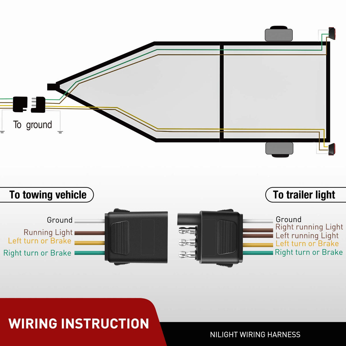 10039W 4 Pin Flat Trailer Wiring Harness Kit 18AWG 25Feet Male 4Feet Female Wishbone-Style Wiring Harness Extension
