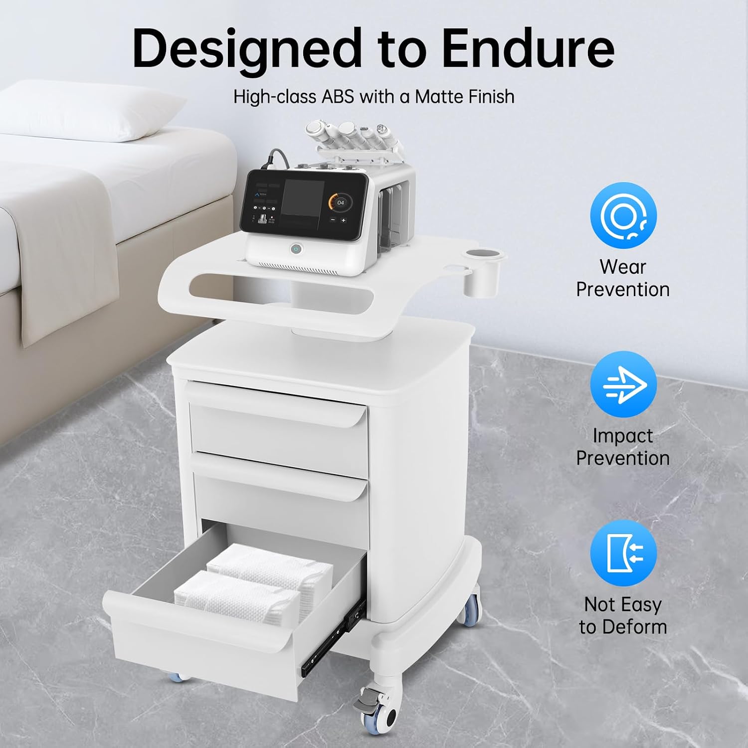 Medical Cart, Professional Mobile Medical Trolley with 4 Slient Wheels and 3 Drawers, 66.1LBS Load Capacity Salon