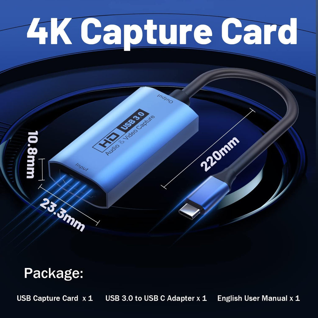 Video Capture Card, USB3.0 HDMI to USB-C Capture Device, 2K@30FPS | Stream & Record Gameplay at 1080P@60FPS