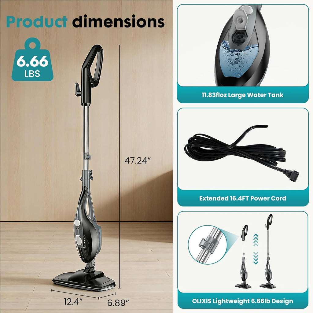 10-in-1 Multifunctional Steam Mop, 1550W Detachable Handheld Steam Cleaner, 16FT Power Cord with 2 Reusable Pads