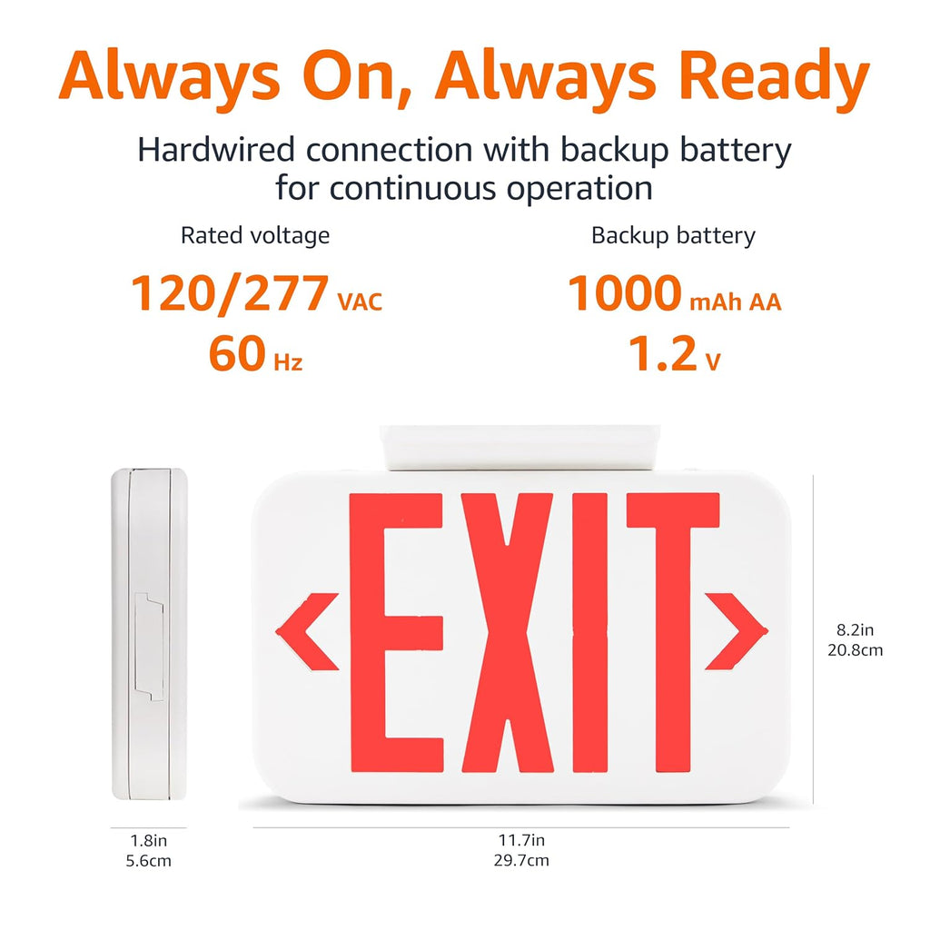 LED Emergency Exit Sign, Double Face, Fire Resistant, UL Certified, Hardwired with Battery Backup, White, 2-Pack