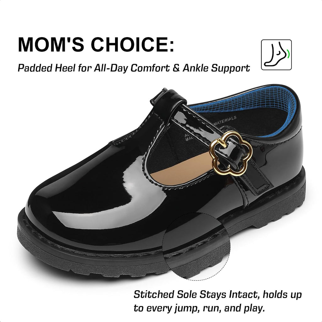 Toddler Girls Mary Jane Flats with Adjustable Hook-and-Loop Girls Party School Uniform Loafer Shoes