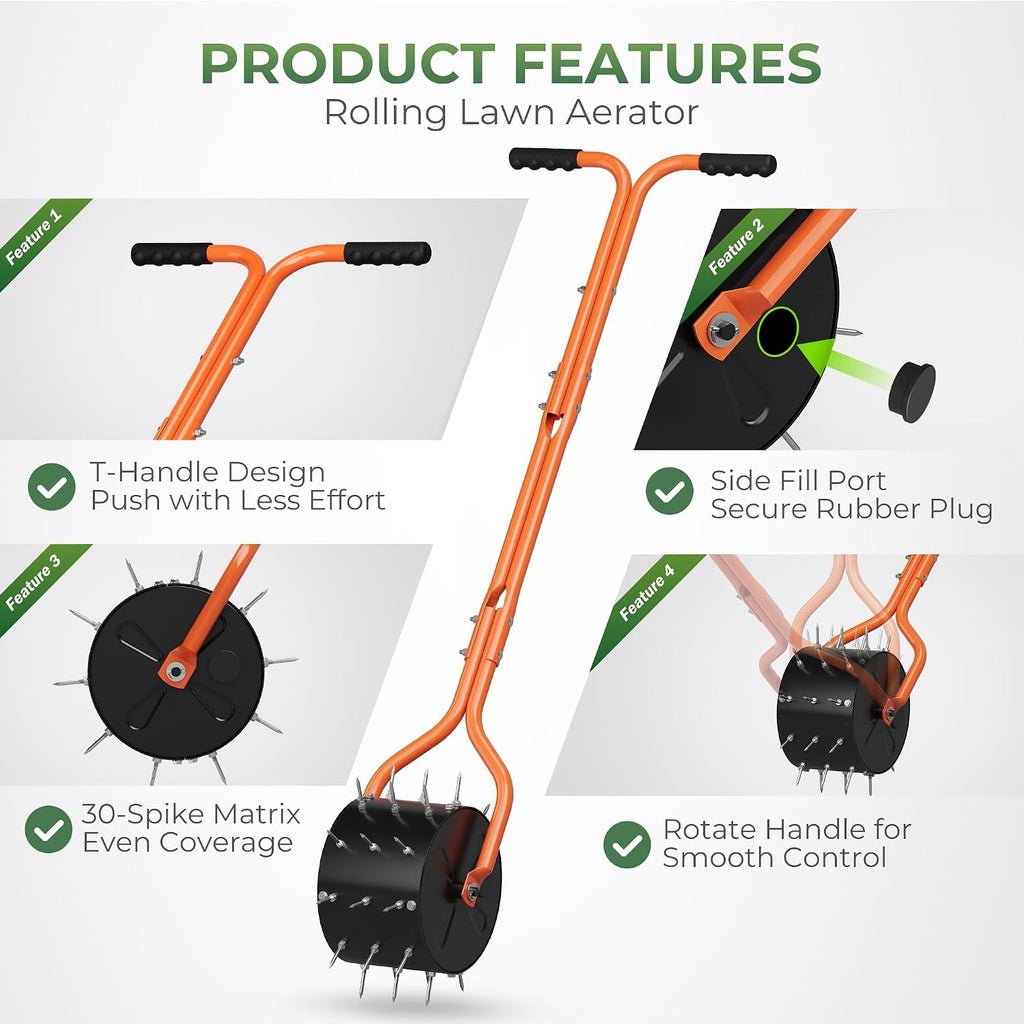 Rolling Lawn Aerator, Heavy Duty Manual Aerator Tool with 30 Spikes, Aerator Lawn Tool with Integrated Dual-Bar