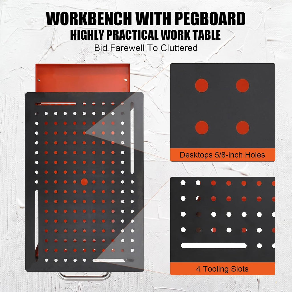 Heavy Duty Portable Steel Workbench Table,600 lbs Load,5/8-Inch Fixture Holes,Double-Layer Storage, Pegboard, Tool