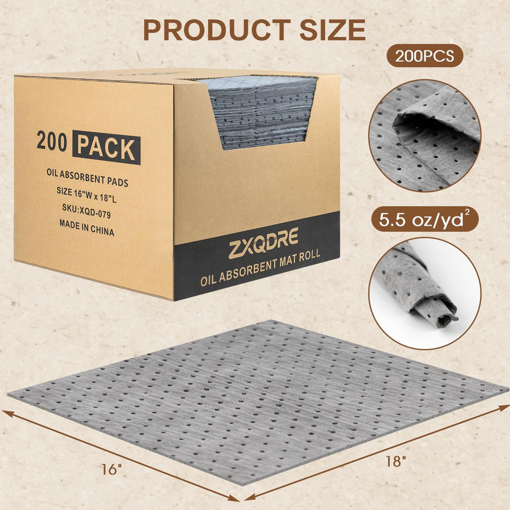 Oil Absorbent Pads, 5.5 oz Oil Absorbent Mat 16" x 18" 200 Pack