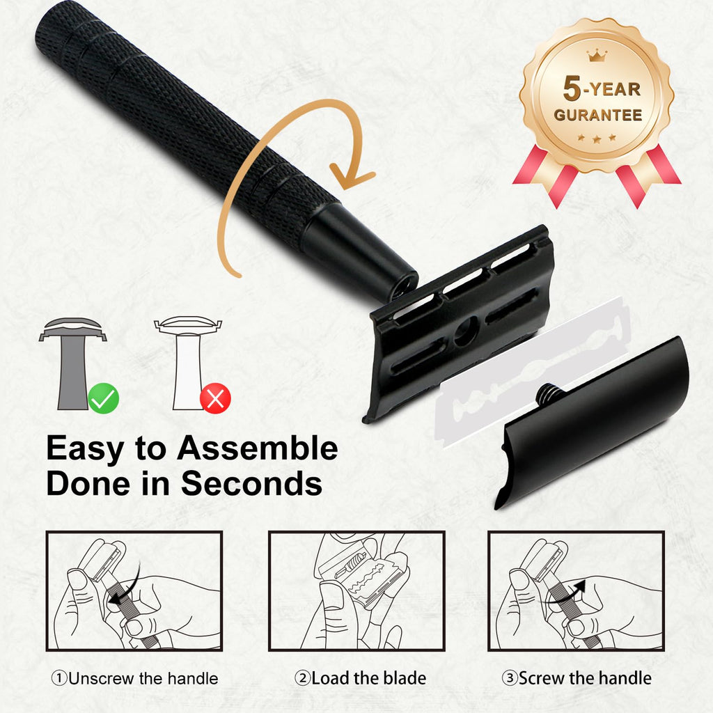 Matte Black Safety Razors for Men and Women, Reusable Single Blade Razor | with 10 Platinum Coated Double Edge Blades