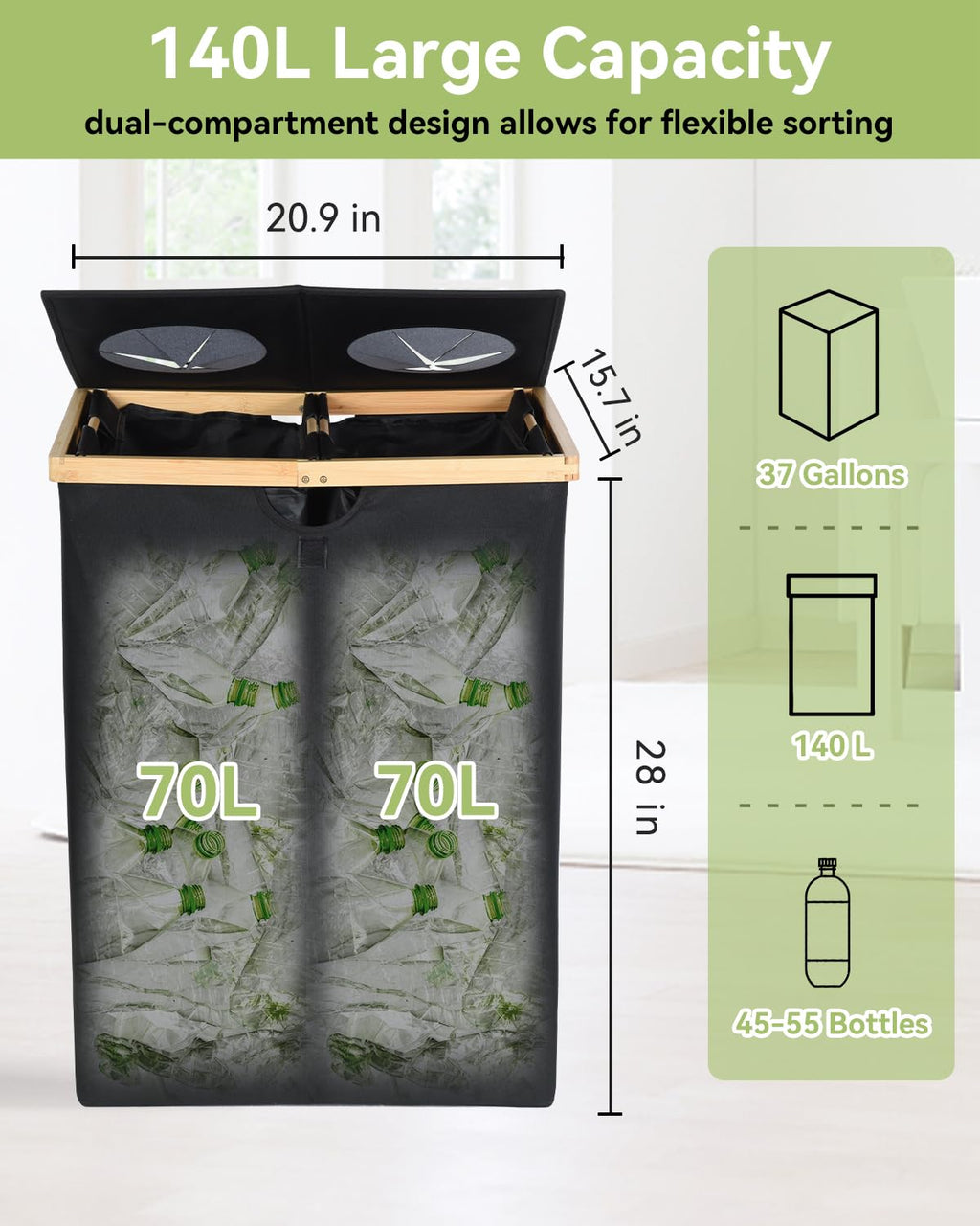 140L Recycling Bin for Kitchen, 2 Compartments Large Home Recycle Bin with Lid with 2 Removeable and Reusable Inner