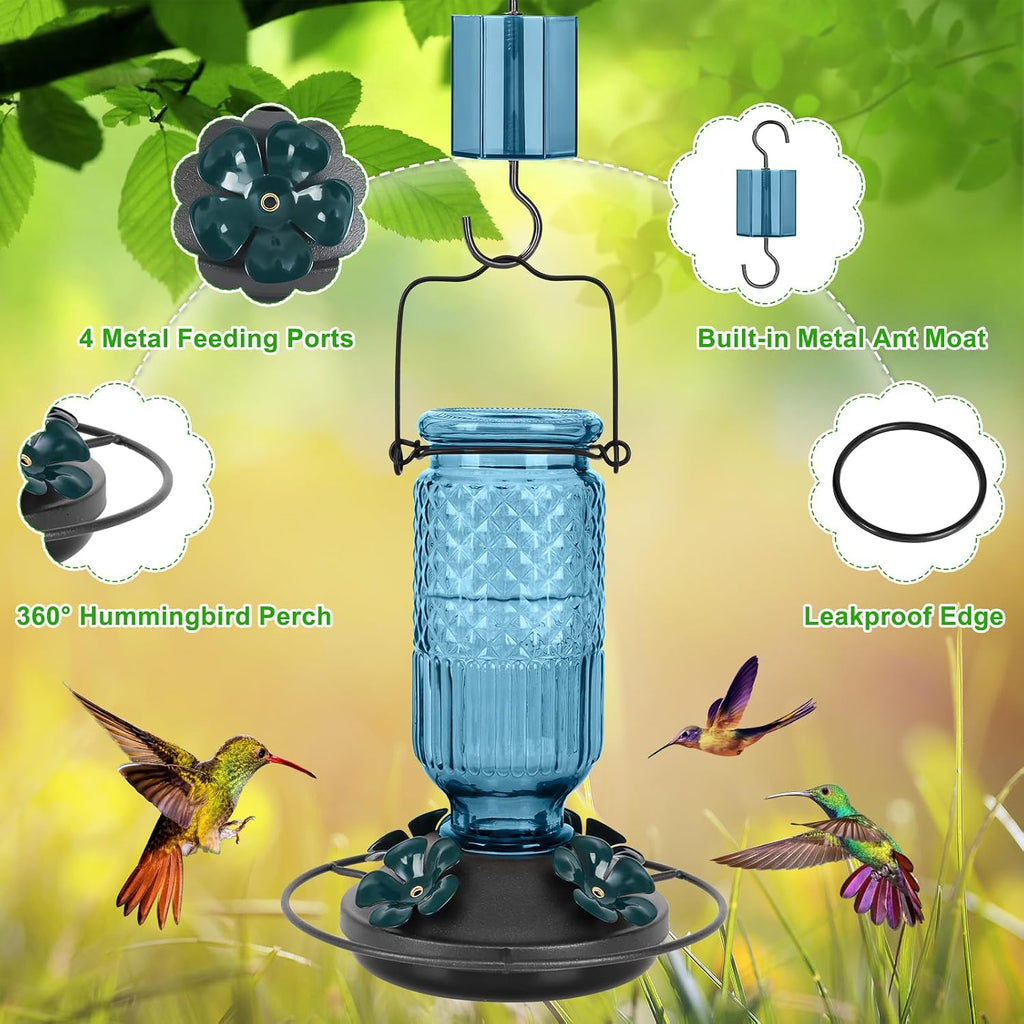 Glass Hummingbird Feeder for Outdoors Hanging, 16 OZ Humming Birds Feeders with 4 Bee Guard Feeding Ports & Built-in
