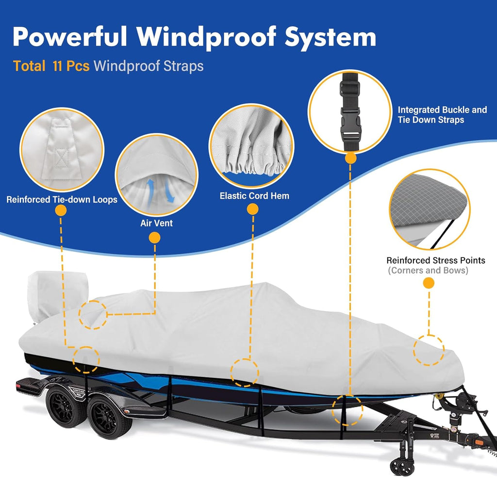 Boat Cover 16-18.5 ft, 1200D Waterproof V-Hull, Gray | Fits 16 foot 17ft 18 ft Bass Tracker Boat, Heavy Duty, UV &