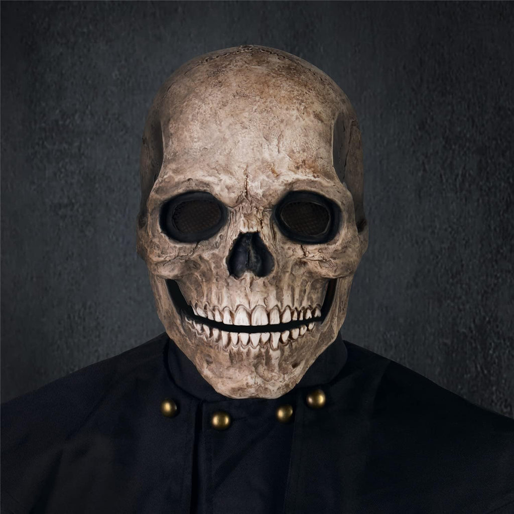 Creepy Halloween Full Head Skull Mask with Movable Jaw, Adult Entire Head Realistic Latex Helmet, Scary Skeleton