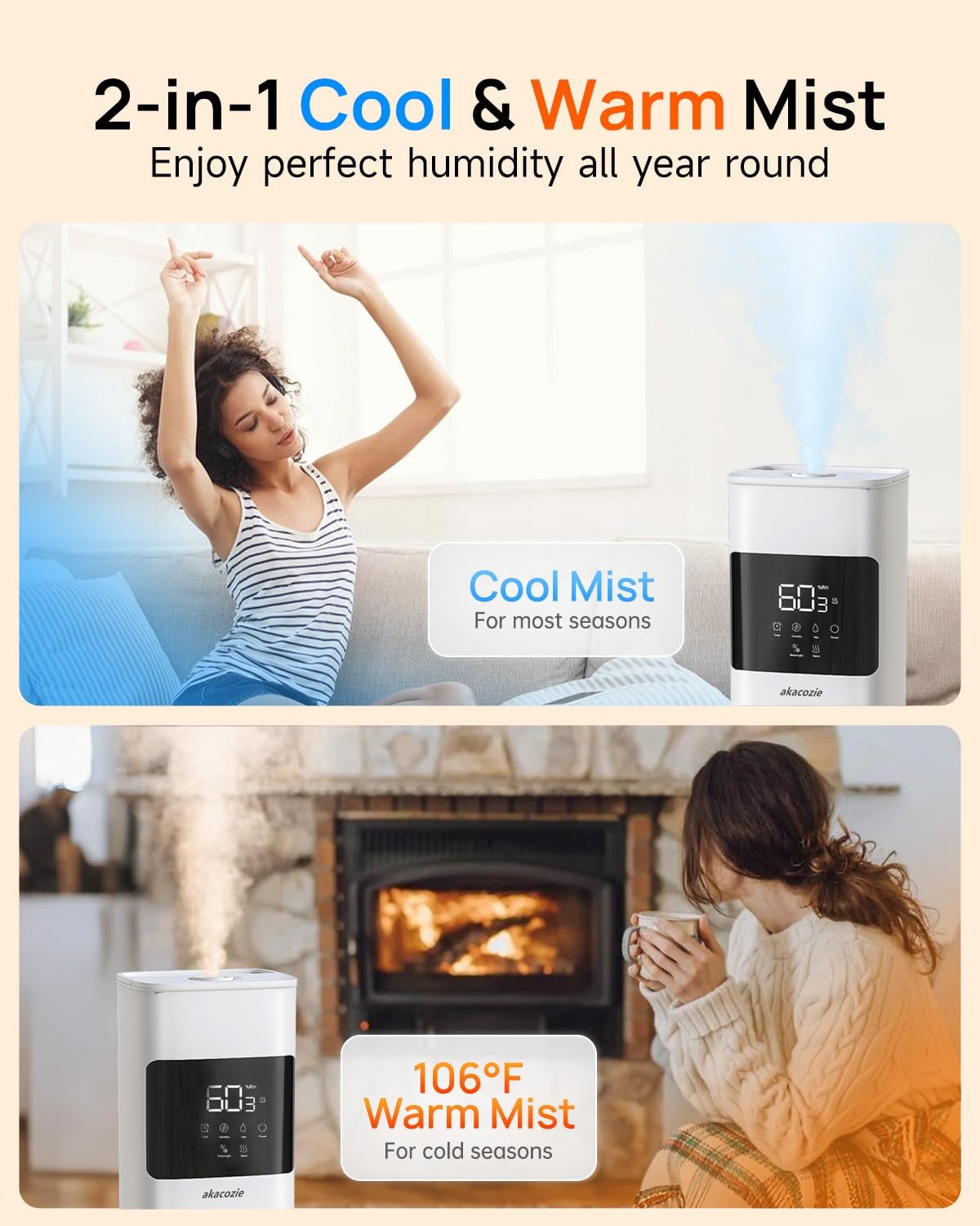 Humidifiers for Bedroom, Humidifier Large Room, White | Warm & Cool Mist, 2.1Gal/8L, 500 sq ft Coverage, Run 48H
