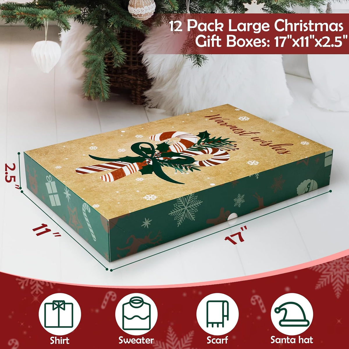 12 Pack Large Christmas Gifts Boxes with Lids for Presents, 17" Clothing Gift Boxes for Wrapping Bulk, 4 Designs of
