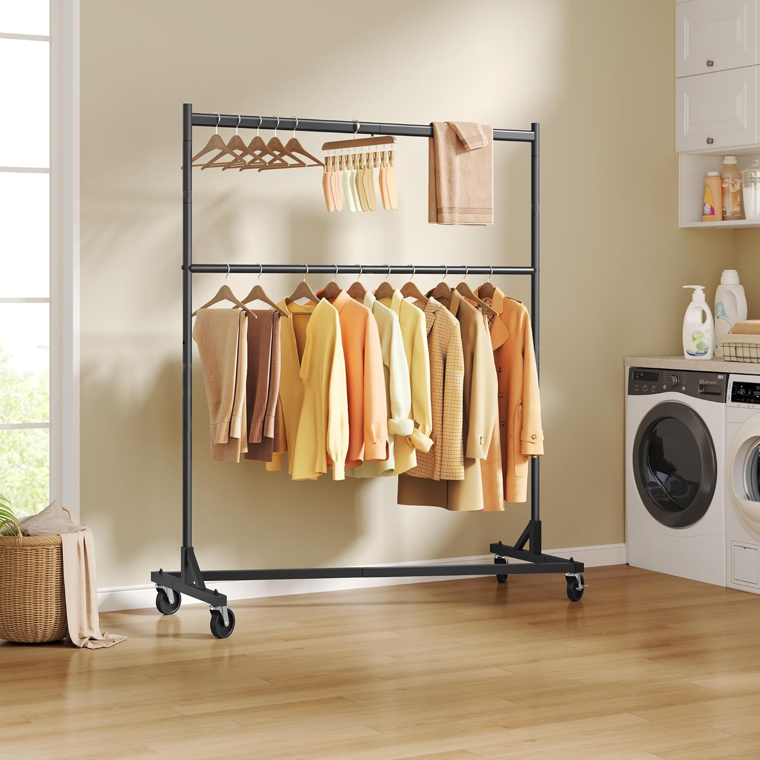 Double Rod Z Rack, Rolling Clothes Racks with Z-Base, Adjustable Clothing Rack, Standing Clothes Rack, Metal Clothing